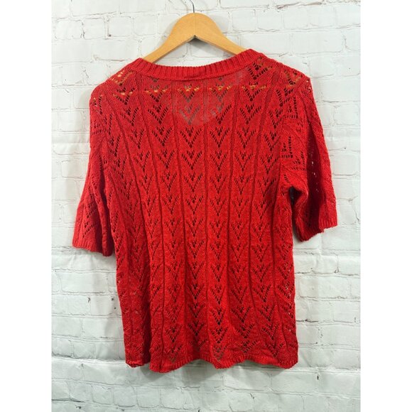 Kim Rogers Cardigan Womens Size Large Red Crocheted Short Sleeve Casual Sweater - Picture 2 of 5